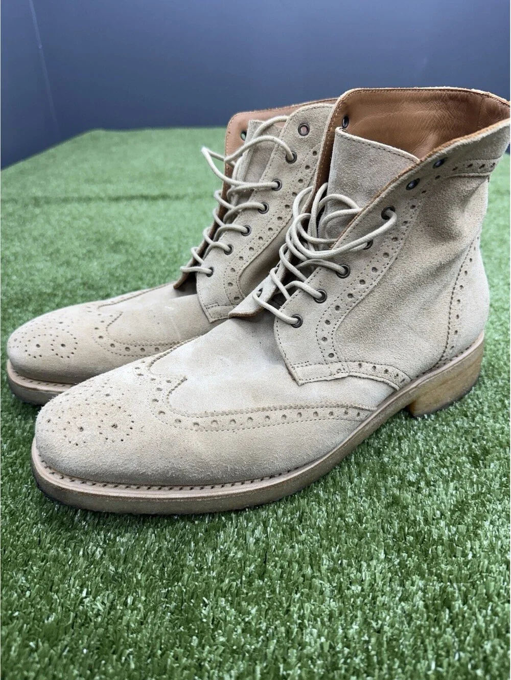 Thursday Boot Co Mens 10.5 Suede Wingtip Brogue Lace Up Dress Boots Beige